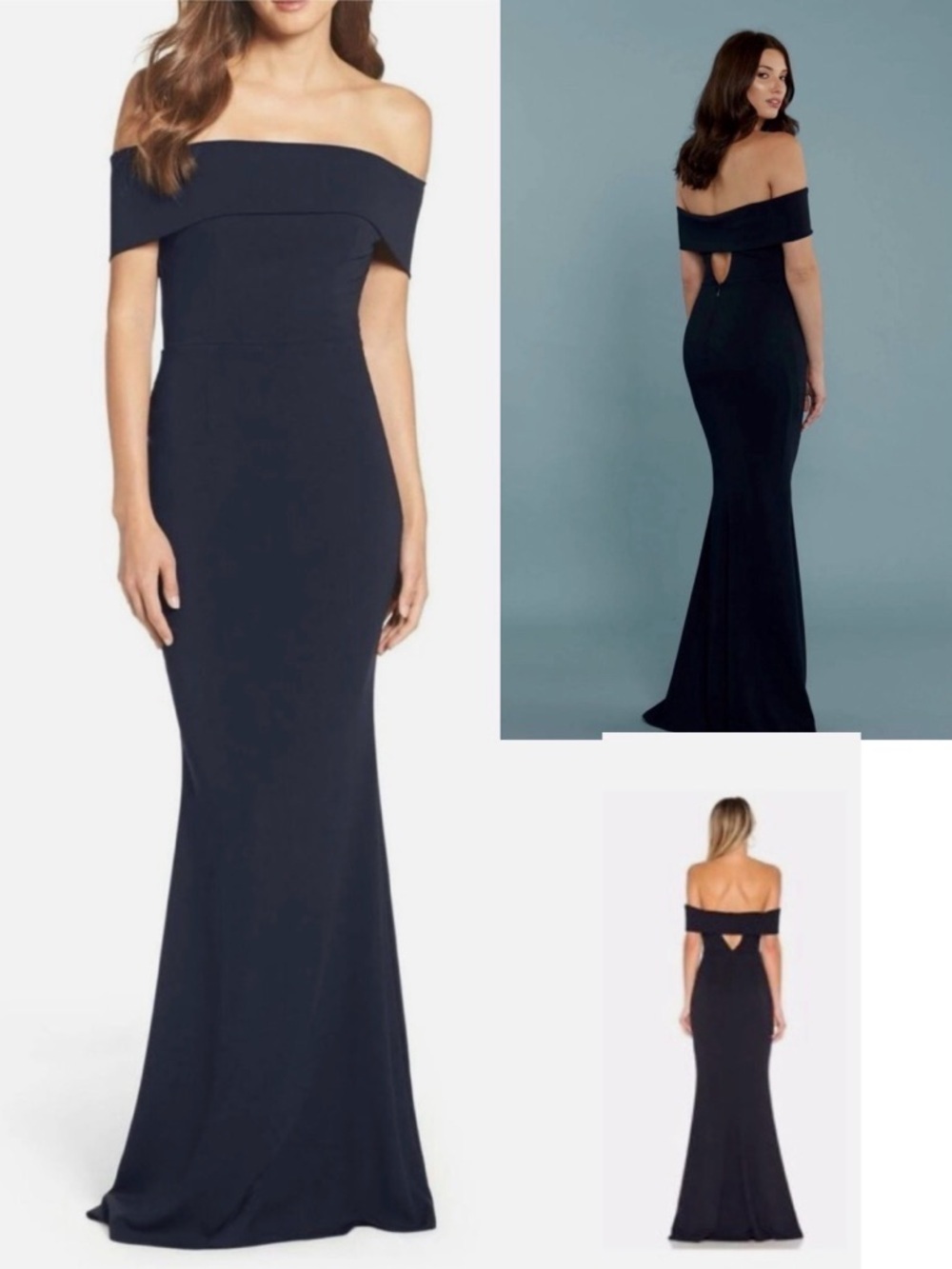 KATIE MAY Navy Blue Off Shoulder Stretch Crepe Gown Sz 6